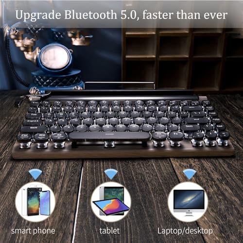 Image of 7KEYS Typewriter Keyboard Wireless Retro Style, Vintage Classical Mechanical Keyboard with Bluetooth for IPAD PC /Laptop Mac /Phone (Wood)