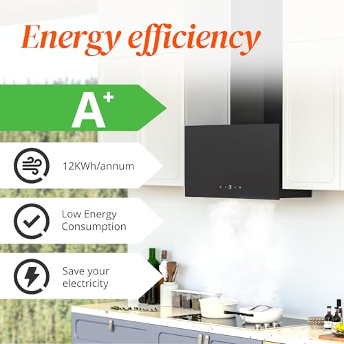 FIREGAS Campana Extractora 60 cm， Ahorro de Energía Motores sin Escobillas,Cristal Templado Negro,Succión 350m³/h,Táctil,3 Niveles de Potencia, Luz y Filtro de Carbono - imagen 7