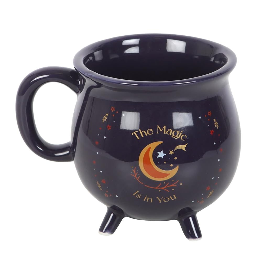 The Magic Is in You Cauldron Mug, Midnight-Blue Ceramic Mug with Golden Stars & Crescent Moon, Magical Design for Tea & Coffee Lovers, Microwave Safe, Ideal for Mystical Enthusiasts