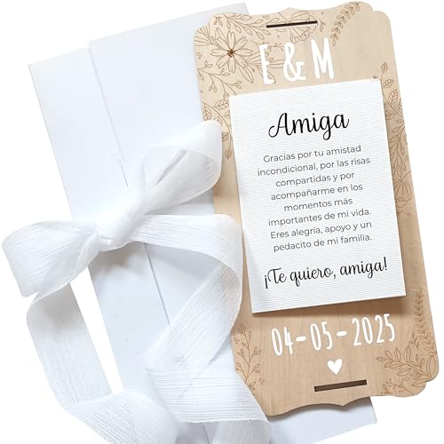 nagu® Amiga. Regalos para Amigas. Tarjeta Regalo Personalizada para Cumpleaños, Amigo Invisible o Regalos Invitados Boda de Madera, con Lazo, Sobre, Soporte y Letras Adhesivas. Regalar Foto o Dinero