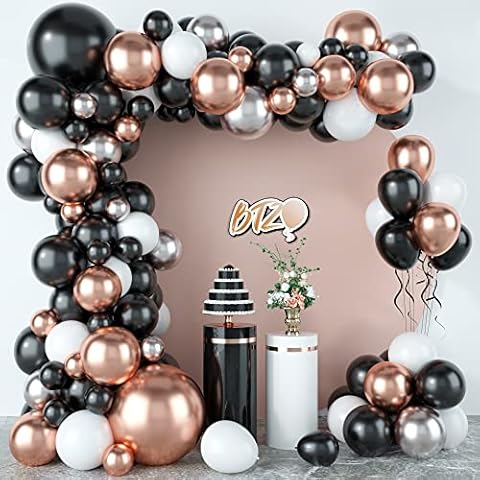 Black Rose Gold Balloon Garland,BTZO Balloons Arch Kit With Metallic Silver Rose Gold Balloons,Black White Balloons for for Birthday Wedding Bridal Shower Anniversary Party Decorations Cover
