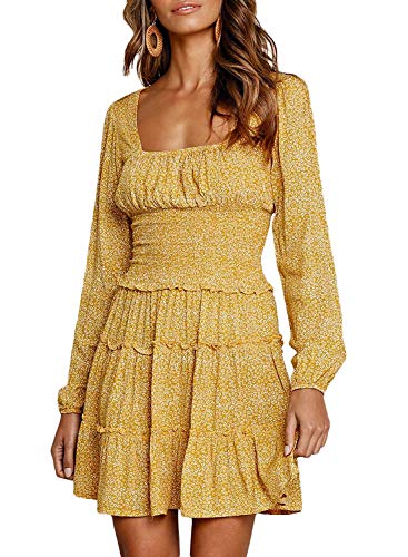 Carprinass Womens Square Neckline Long Sleeve Floral Print Mini Dress (Yellow#1, Small)