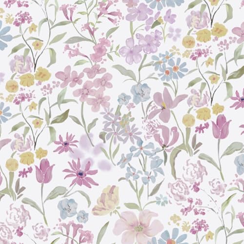 Image of Timeet Peel and Stick Wallpaper Pink Floral Self Adhesive Wallpaper 44x300cm Botanical Vinyl Warp Colorful Waterproof Contact Paper for Bedroom Living Room Kitchen Wall Shelf Furniture Removable White