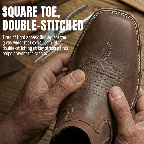 Image of Chelsea Cowboy Boots for Men Western Square Toe Leather Dress Casual Work Ankle Boots Brown