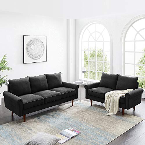 Dolonm 2 Piece Sofa Sets Mid Century Modern Upholstered Sectional Loveseat Couch Set Furniture for Living Room (Black)