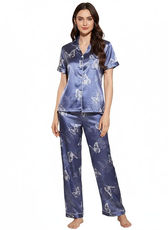 Image of Night Suit for Women with Full Sleeve Button-Down Top with Pant Dress for Woman, Night Dress for Woman, Cotton Two-Piece Loungewear Set