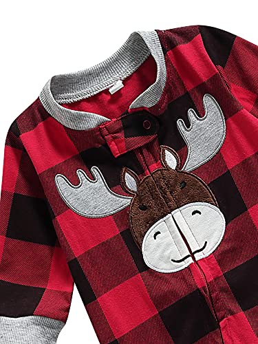 Paxlahby Pasgeboren Baby Jongens Meisjes Kerst Geruite Romper Winter Herten Geborduurd Patroon Voetmodel Jumpsuit Kleding, Rood Zwart A, 3-6 Maanden - Afbeelding 4