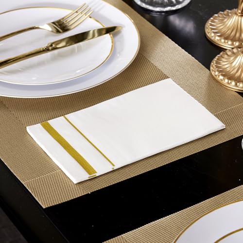 Image of 200 Pack 3-Ply Disposable Paper Napkins,White and Gold Trim Dinner Napkins | Elegant,Soft and Absorbent Paper Hand Towels for Kitchen, Wedding, Parties, Dinners or Events (15.7 inch x 13 inch)