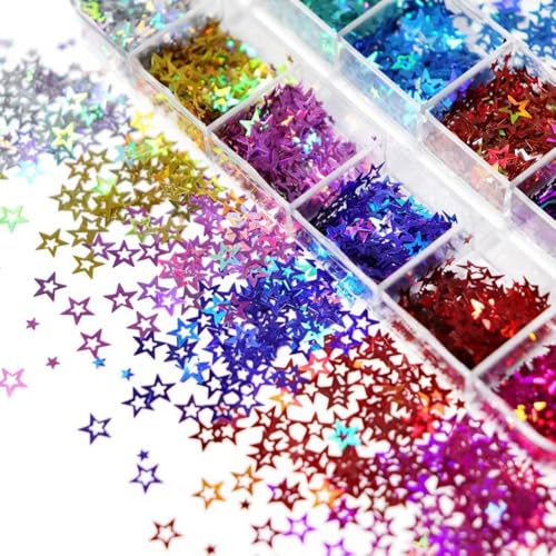 Image of 3 Box Star Nail Glitters Sequins Iirdescent Hographic Colorful 3D Flakes Gradirnt Nail Glitter Design Independence Day Shiny Glitter Powder Manicure for Women Nail Art DIY Decorations Charms
