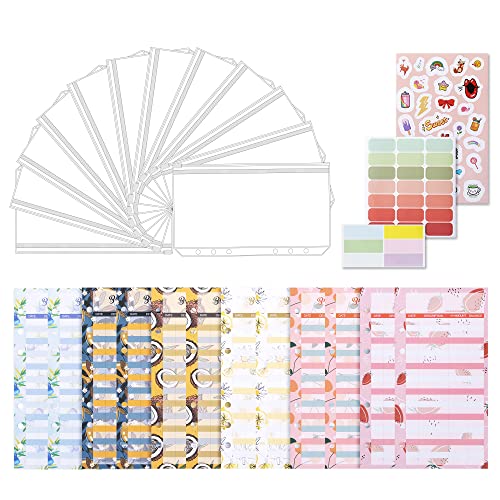 27 Stück Budget Planner Zubehör, 12 Stück A6 Binder Taschen,12 Stück Budget Sheets A6 , mit 3 Stück Aufkleber Etikett,6 Löcher Bindertaschen Reißverschluss für A6 Budget Planner& Budget Binder Cover