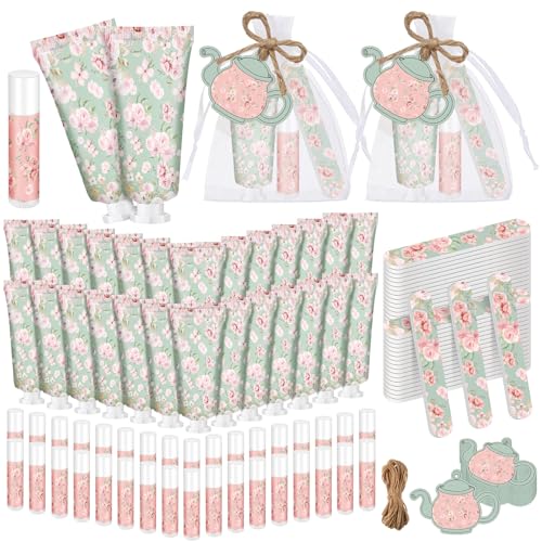Leelosp 24 Sets Tea Party Favors Hand Cream Lip Balm Gift, Pink Floral