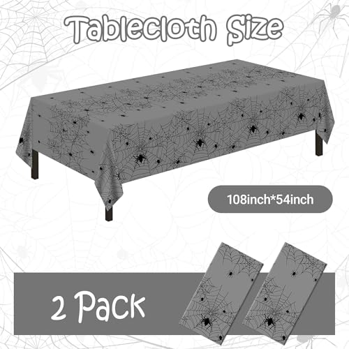 Image of Childom 2 Pack Halloween Tablecloth,Halloween Party Decorations 54 x 108 Inch Plastic Table Cloth Disposable,Gray Spider Web Table Cover for Rectangular,Home,Dinner,Scary Themed Parties Supplies Decor