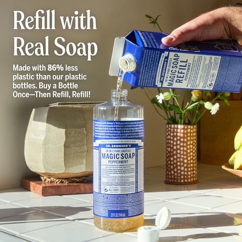 Image of Dr. Bronner's Pure-Castile Liquid Magic Soap Bottle & Refill Carton - Made with Regenerative Organic Certified Oils- 18-in-1 Uses for Face, Body Wash, Hand Soap Refill- Peppermint, 32oz