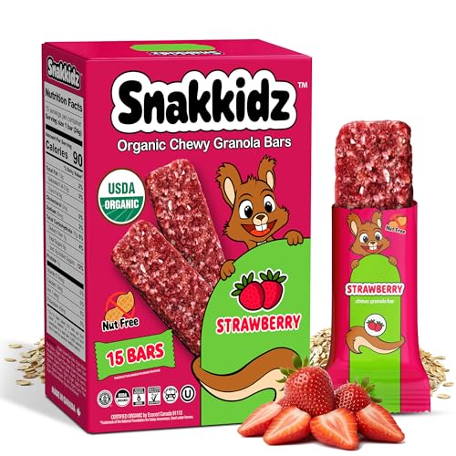Image of Snakkidz Organic Granola Bars, Strawberry, Seed oil free,15 Bars | Nut-Free & Allergen-Free, Low Sugar Per Serving, Made with Avocado Oil, Individually Wrapped, On the Go Kid's Snack