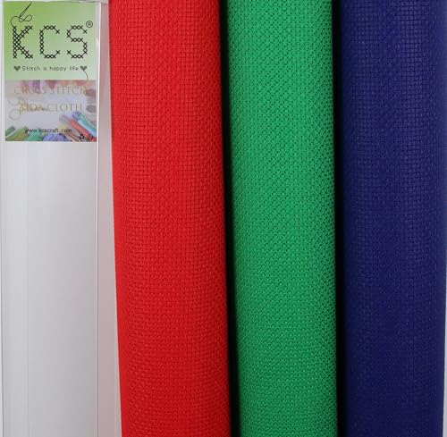 Image of KCS 3 pc of 15 inch x 18 inch(38cmx45cm) Counted Cross Stitch Cotton Aida Cloth Needlework Rolled Fabric Box,14CT,Red+Green+Royal Blue