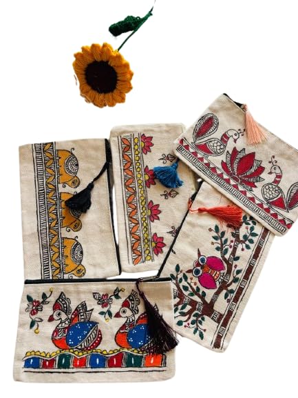 Set of 5 Hand-Painted Madhubani Canvas Zipper Pouch | Makeup Organizer, Travel Bag | Return Gift for Kanjak, Kitty Party, Wedding, Festive Use-image-19