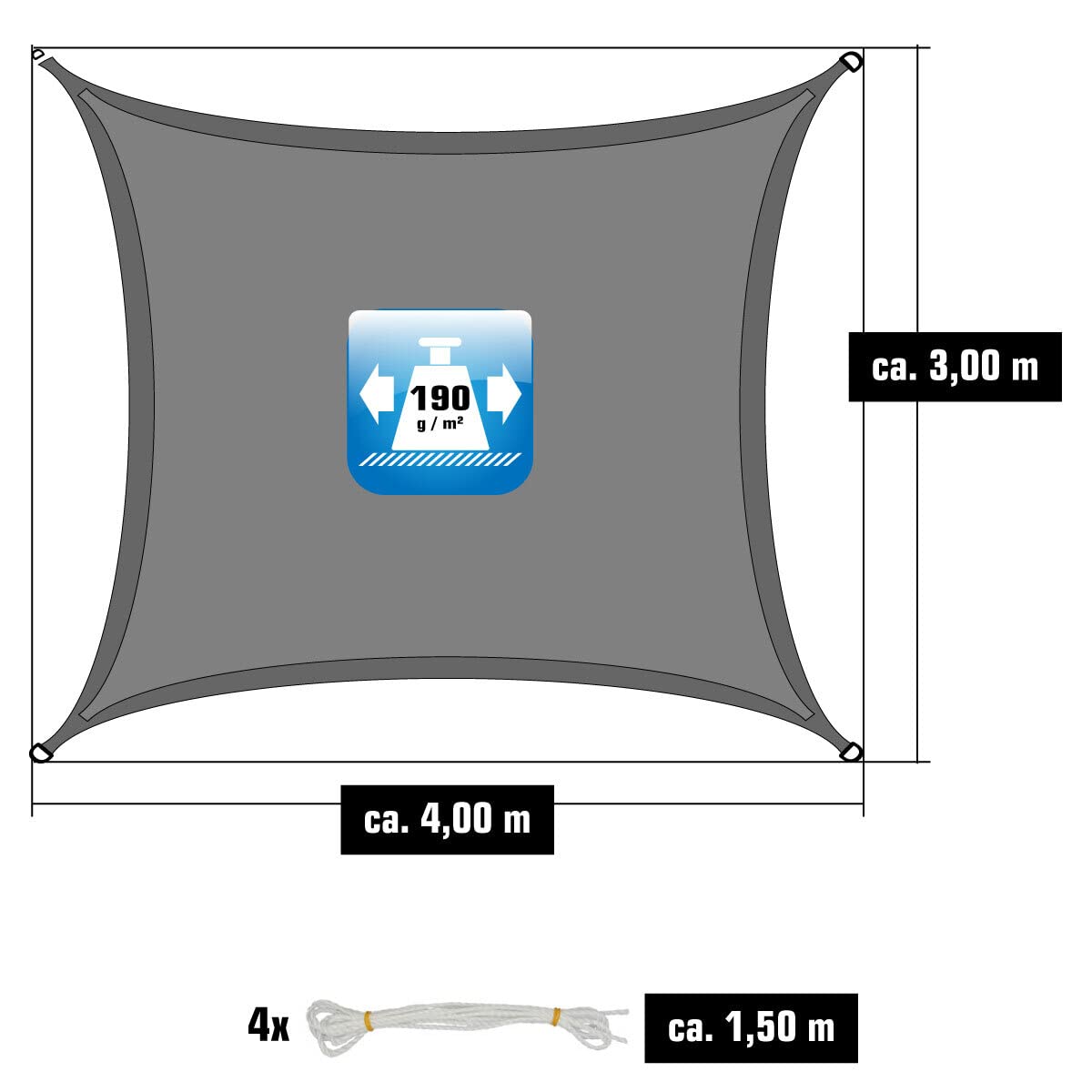 AMANKA 3x4 Vela Solare Rettangolare Impermeabile - Tenda da Sole a Rettangolo con Fissaggio Inox