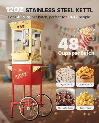 Image of 12 oz Commercial Popcorn Machine Cart, Popcorn Maker Machine with Stainless-Steel Kettle Makes Up to 48 Cups, Movie Theater Pop Corn Machine with 3-Switch Control & Tempered Glass Doors, Red