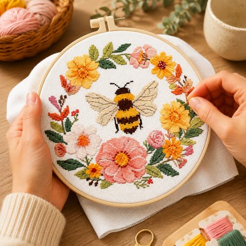 Image of Zhenqing Bee & Flower Garden Cross Stitch Kit for Beginners - 4 Pre-Printed Designs with Hoop, Threads & Complete Tools(68059)