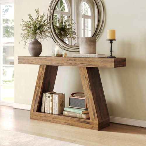 LITTLE TREE 55-Inch Farmhouse Storage Sofa Table, Brown Rectangular Entryway Furniture