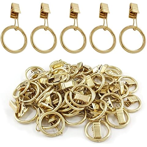 BokWin Pack of 44 Gold Metal Curtain Rings with Clips,1 Inch Interior Dimaeter Drapery Rings,Rustproof Curtain Clips for Window Curtain Rod Cover