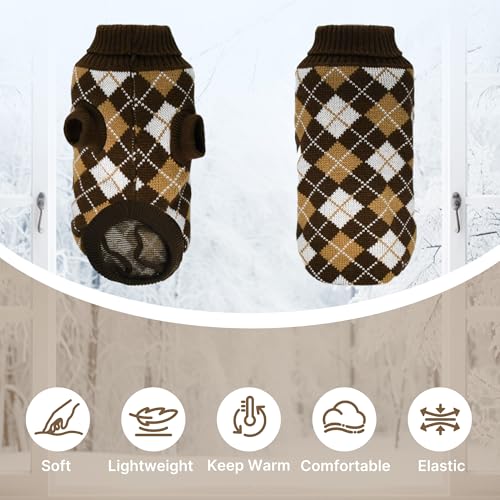 PawSailor Strickpullover für Hunde Rollkragenpullover Karomuster Warmer Welpenpullover Kuschelweich Winter-Outfit für Kleine und Mittelgroße Hunde wie Shih Tzu, Zwergschnauzer, Zwergspitz, Braun L