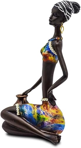 Miniatura 2 de Estatua de figura africana escultura colorida vestido sentado sosteniendo jarrón estatuas de dama pieza de arte coleccionable de 10.5 pulgadas de
