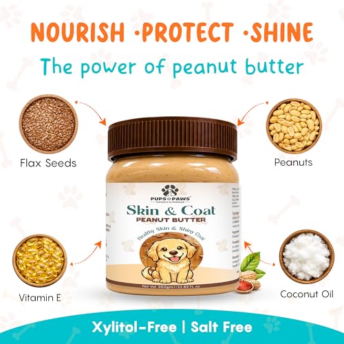 Image of Pups & Paws Skin & Coat Peanut Butter for Dogs, 350g Flax Seed Enriched Dog Treat & Food Topper, Xylitol Free High Protein Training Reward for Puppies & Adult Pets