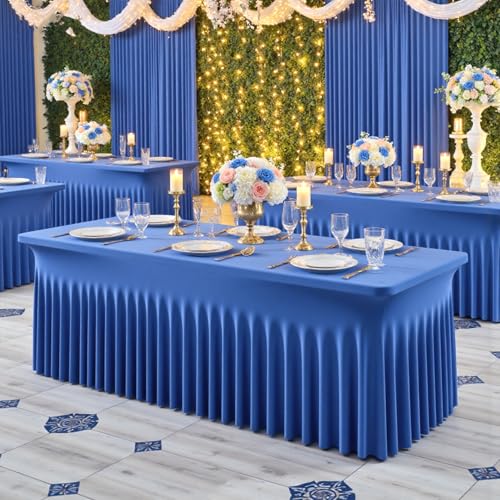 Image of 2 pk Hunter Green Spandex Tablecloths 8ft with Ruffle Table Skirt, Wrinkle Free Stretchy Fitted Tablecloth for 8 Foot Rectangle Tables, Elastic Spandex Table Covers 8ft for Party Wedding Banquet