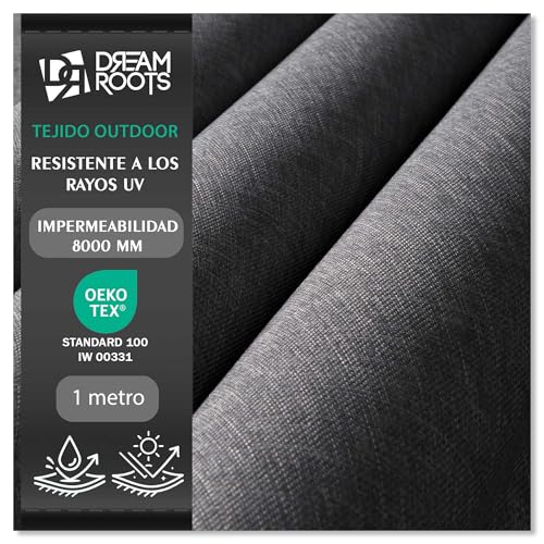 DreamRoots Tela Impermeable Exterior por Metros Aspecto Lino Resistente UV - Tela de Toldo y Tapizar con Revestimiento PU, 240 g/m², Columna de Agua 8000 mm, 60.000 Martindale - Gris Claro, 1 m