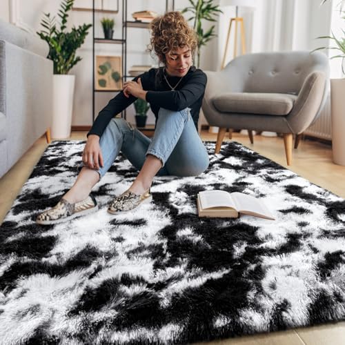 EVOIONOS Area Rug for Bedroom Living Room, Machine Washable 4x6 Fluffy Shag Rug, Soft Plush Non Slip Carpet for Indoor Floor Bedside Nursery Kids Room, Home Decor Aesthetic, Tie-Dyed Black and White