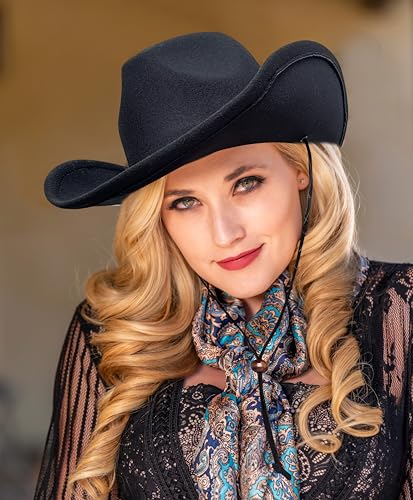 Image of Lanzom Women Men Retro Felt Wide Brim Western Cowboy Cowgirl Hat Dress Up Hat with Wind Lanyard