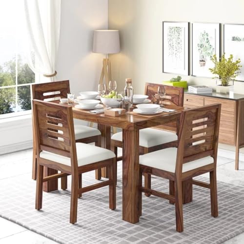 Image of Dining Table Set of 4, Teak Wood Dining Table with Chair || Dining Room Set ll Wooden Dining Table 4 Seater Comfortable Seating || Premium, Modern /Unique Decorative Dining Table Set Honey Finish