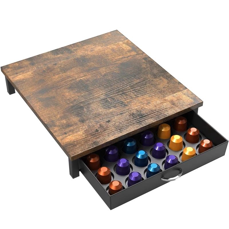 INDIDECOR 48496 Rustic Brown Coffee Pod Drawer Holder – 42-Pod Capacity Organizer Coffee Capsules With Large Top Surface - Black