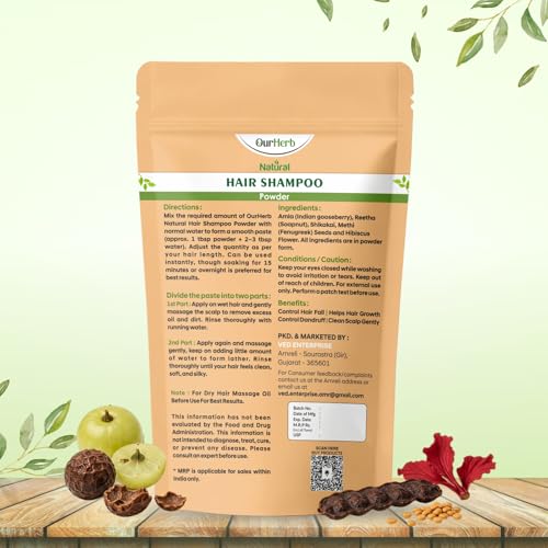 Image of Natural Hair Shampoo Powder with Amla, Reetha, Shikakai, Hibiscus & Methi Dana | Organic Herbal Hair Cleanser for Men & Women | Paraben & Sulphate Free Includes Wooden Spoon - 200gm