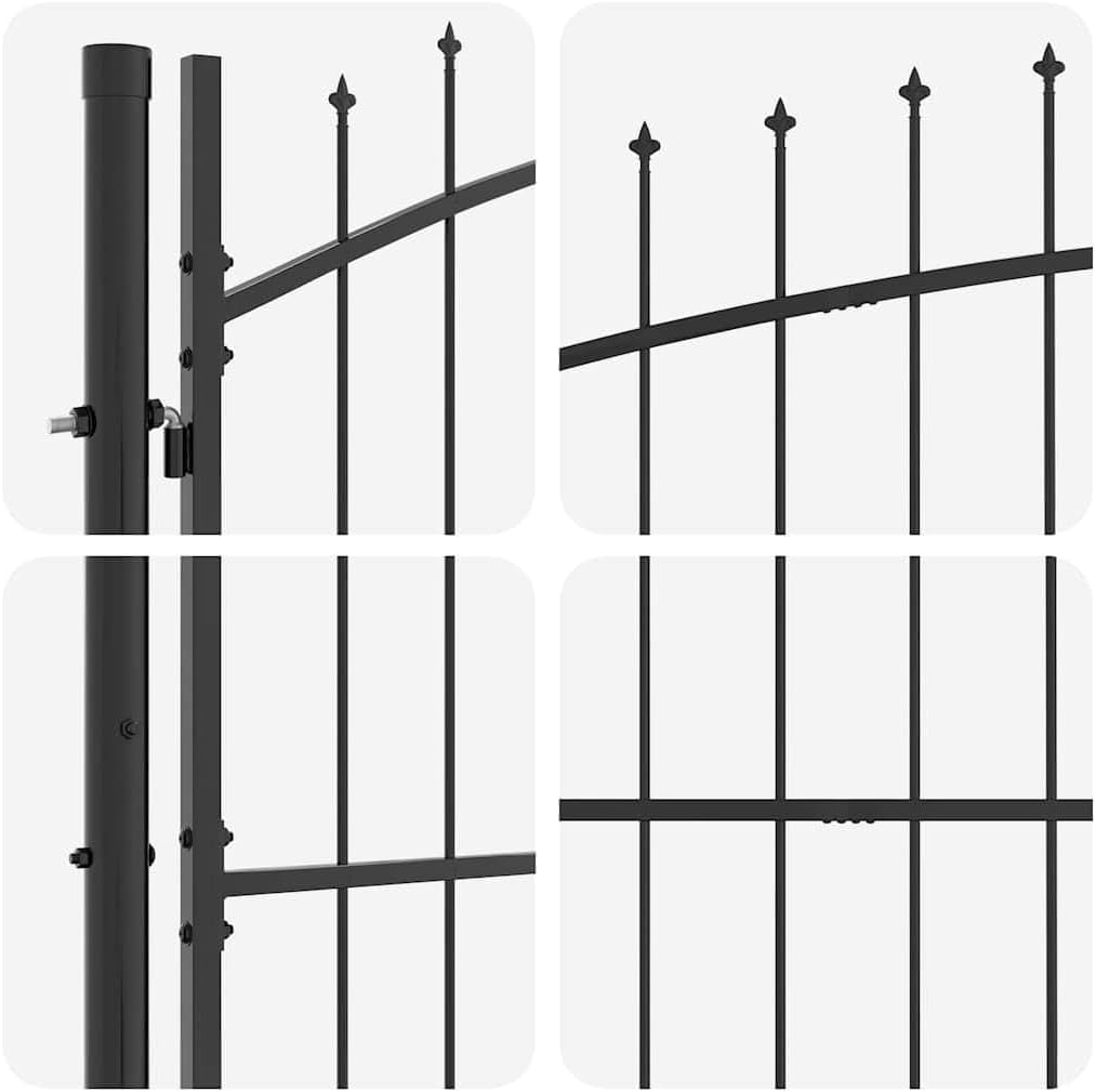 Close-up view of gate hinges and vertical bars.