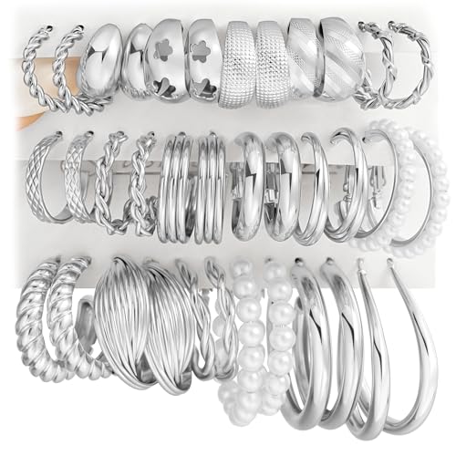 Silver Hoop Earrings Set for Women, 18 Pairs Hypoallergenic Chunky Open Pearl Hoops Earring Multipack, Silver Statement Hoop Earrings for Women Trendy Jewelry