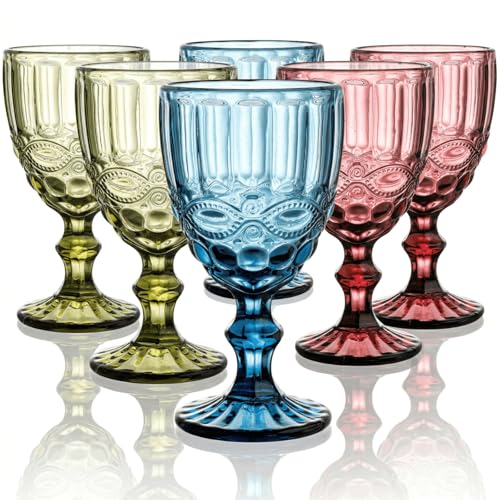 YOUEON Set of 6 Colored Wine Goblets 300 ml Wine Glasses Set with Embossed Pattern Colored Wine Glasses Vintage Glassware for Party Wedding Bar Wine Juice Beverage 3 Colors
