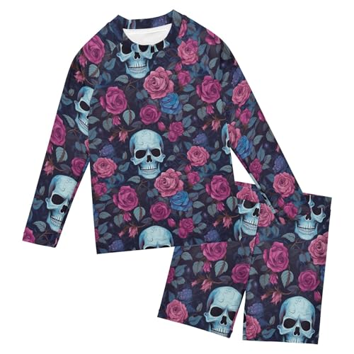 Sugar Skull Skeleton Flowers Toddler Boys' 2-Piece Swimsuit Trunk, Long Sleeve Rashguard Bathing Suit B0403002