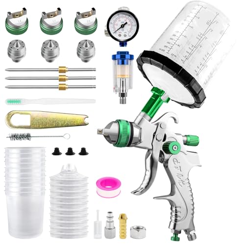 HVLP Spray Gun Fence Paint Sprayer with 10pcs 22 Ounce (650ml) Disposable Cups&Pressure Gauge Gravity Feed Air Spray Gun with 3 Nozzles 1.4/1.7/2.5mm Nozzle for Fencing and Decking Home DIY Painti