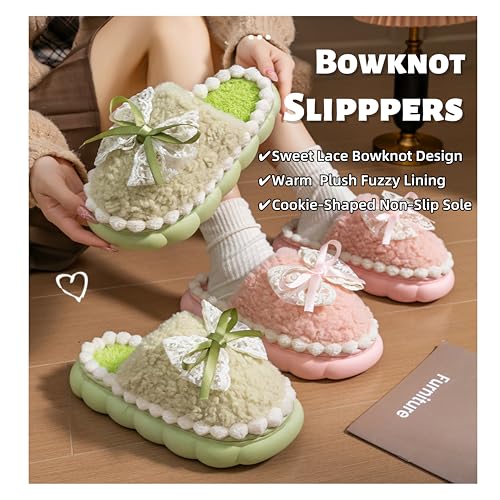 Women's Lace Bow Plush Slippers - Warm Fuzzy Lining, Cookie-Shaped Non-Slip Sole for Indoor Comfort2