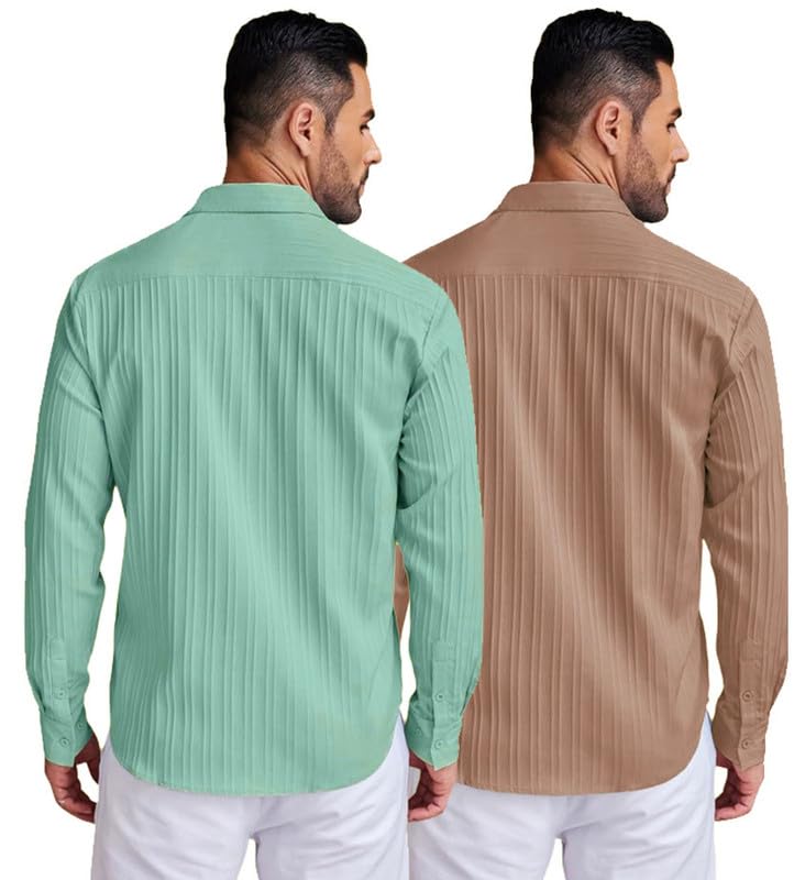 Image of DEELMO Combo of Men's Casual Button Down Shirts Long Sleeve Linen Shirt Fashion Textured Summer Shirts Pack of 2