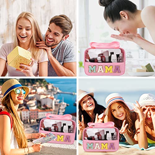Iqimott Chenille Letter Patch Mama Bag, Preppy Clear Makeup Cosmetic Bag Large Toiletry Storage Tote Bag With Handle, Transparent Nylon Waterproof Organizer Zipper Pouch For Travel Women Girls(Pink) #TOP5