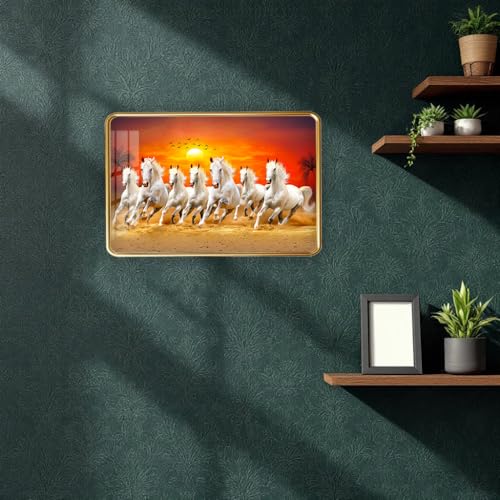 Image of 7 Running Horses Photo Frame, Ultra High Gloss Lamination, Vastu Painting for Living Room, Office, 12x18 Inch (Design 24)