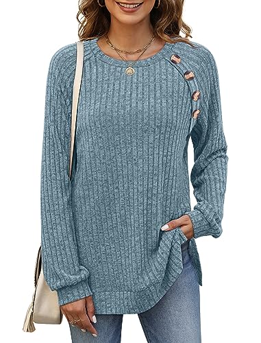 Bofell Tunic Sweaters for Women Cozy Crew Neck Sweatshirts Long Sleeve Tunic Tops to Wear with Leggings Blue M