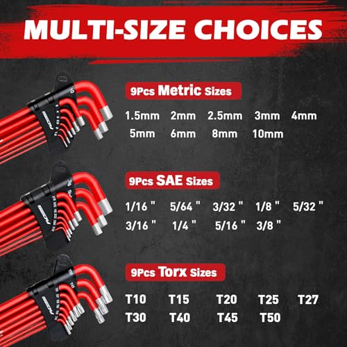 SEDY 30-Piece Long Arm Ball End L-Hex & Torx Key Set with Grip Handle, Ultimate Hex Key Wrench Set with T-Handle and Extension Bars, SAE 1/16" to 3/8", Metric 1.5mm to 10mm, Torx T10 to T50