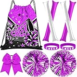 CEMOTY Cheer Drawstring Backpack Set Including Cheer Drawstring Bags, Pom Poms Cheerleading, Cheer Hair Bows, Silicone Cheerleading Wristbands,Thunder Sticks-Pink Cheer Gifts Bulk