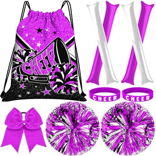 CEMOTY Cheer Drawstring Backpack Set Including Cheer Drawstring Bags, Pom Poms Cheerleading, Cheer Hair Bows, Silicone Cheerleading Wristbands,Thunder Sticks-Pink Cheer Gifts Bulk