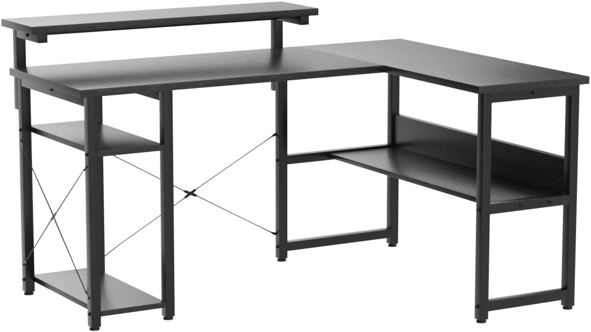 An assembled ODK L-shaped desk, showing its black finish and metal frame.