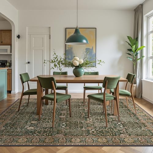 Image of Bavni Washable Rugs 8x10-Machine Washable Rug Lightweight Low Pile, Vintage Floral Rug Non-Shedding Distressed Throw Carpet for Living Room Bedroom Office, Dark Green /Multi
